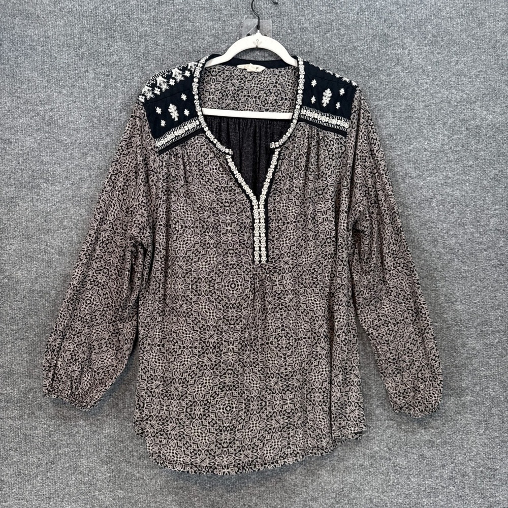 Lucky Brand Blouse Women 3X Black Embroidered Geometric Boho Peasant Top